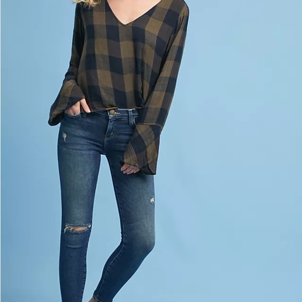 Cloth & Stone Anthropologie Plaid Bell Sleeve Top XS Blue Brown Tie Front